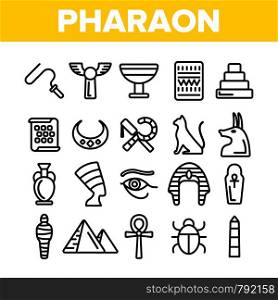 Pharaoh, Egypt King Vector Thin Line Icons Set. Pharaoh Royal Power Symbols Linear Illustrations. Pyramids, Mummy, Hieroglyph. Nefertiti, Anubis Silhouette. Sacred Cat, Scarab Contour Drawings. Pharaoh, Egypt King Vector Thin Line Icons Set