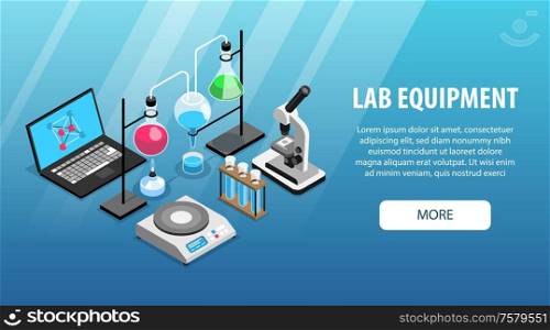 Pharmaceutic laboratory equipment isometric horizontal banner with microscope computer flasks tubes on blue background 3d vector illustration