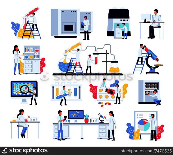 Pharmaceutic laboratory research chemistry scientists set with isolated compositions of human characters lab equipment and furniture vector illustration