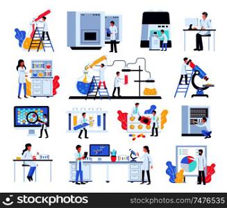 Pharmaceutic laboratory research chemistry scientists set with isolated compositions of human characters lab equipment and furniture vector illustration