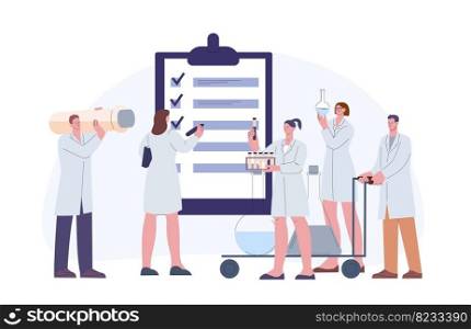 Pharmaceutical audit concept. Scientist with lab equipment and doctors. Hospital or laboratory management. Medication development vector process. Illustration of laboratory science research. Pharmaceutical audit concept. Scientist with lab equipment and doctors. Hospital or laboratory management. Medication development vector process