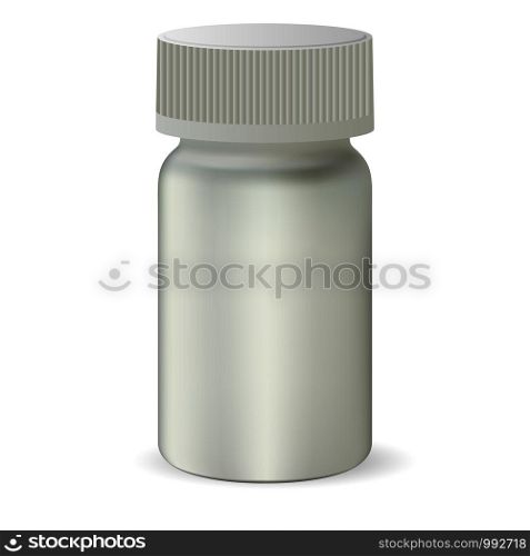 Pharmaceutical bottle for drugs. Blank container for pills. Vector illustration. White medicine packaging mock up design.. Pharmaceutical bottle for drugs. Blank container