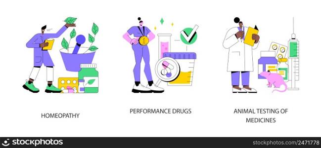 Pharmaceutical business abstract concept vector illustration set. Homeopathy, performance drugs, animal testing of medicines, anabolic steroids, holistic approach, natural drug abstract metaphor.. Pharmaceutical business abstract concept vector illustrations.