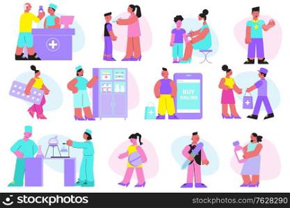 Pharmaceutical characters flat set of medical staff working in lab drugstore vaccinate children isolated vector illustration