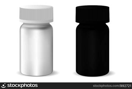 Pharmaceutical drug bottle for pills, capsules. Black and white container mock up. 3d vector illustration.. Pharmaceutical drug bottle for pills, capsules.