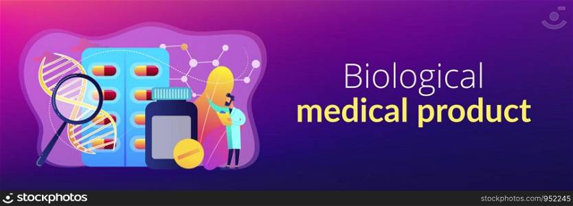 Pharmaceutical drug products manufactured from biological sources. Biopharmacology products, biological medical product, natural pharmacy concept. Header or footer banner template with copy space.. Biopharmacology products concept banner header.
