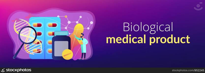 Pharmaceutical drug products manufactured from biological sources. Biopharmacology products, biological medical product, natural pharmacy concept. Header or footer banner template with copy space.. Biopharmacology products concept banner header.