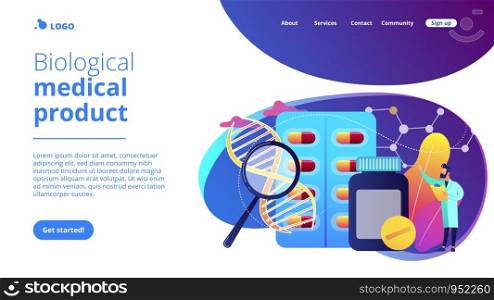 Pharmaceutical drug products manufactured from biological sources. Biopharmacology products, biological medical product, natural pharmacy concept. Website vibrant violet landing web page template.. Biopharmacology products concept landing page.