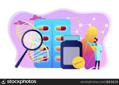 Pharmaceutical drug products manufactured from biological sources. Biopharmacology products, biological medical product, natural pharmacy concept. Bright vibrant violet vector isolated illustration. Biopharmacology products concept vector illustration.