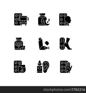 Pharmaceutical drugs black glyph icons set on white space. Treat motion sickness. Sleep aid. Lozenges for sore throat. Inhaler. Patch for blisters. Silhouette symbols. Vector isolated illustration. Pharmaceutical drugs black glyph icons set on white space