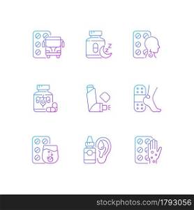 Pharmaceutical drugs gradient linear vector icons set. Treat motion sickness. Sleep aid. Lozenges for sore throat. Thin line contour symbols bundle. Isolated vector outline illustrations collection. Pharmaceutical drugs gradient linear vector icons set
