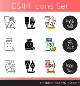 Pharmaceutical drugs icons set. Preventing wound infection. Soft gelatin capsules. Ointment for arthritis. Fast healing. Relieve pain. Linear, black and RGB color styles. Isolated vector illustrations. Pharmaceutical drugs icons set
