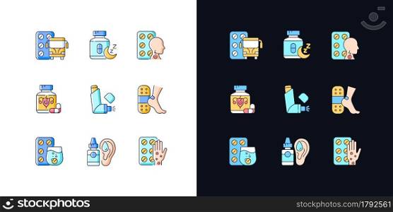 Pharmaceutical drugs light and dark theme RGB color icons set. Treat motion sickness. Lozenges for sore throat. Isolated vector illustrations on white and black space. Simple filled line drawings pack. Pharmaceutical drugs light and dark theme RGB color icons set