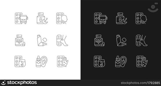 Pharmaceutical drugs linear icons set for dark and light mode. Treat motion sickness. Lozenges for sore throat. Customizable thin line symbols. Isolated vector outline illustrations. Editable stroke. Pharmaceutical drugs linear icons set for dark and light mode