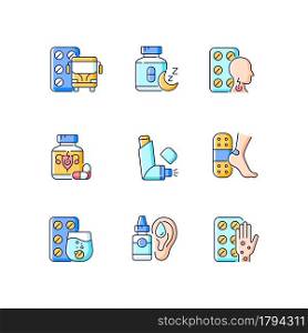 Pharmaceutical drugs RGB color icons set. Treat motion sickness. Sleep aid. Lozenges for sore throat. Inhaler. Patch for blisters. Isolated vector illustrations. Simple filled line drawings collection. Pharmaceutical drugs RGB color icons set