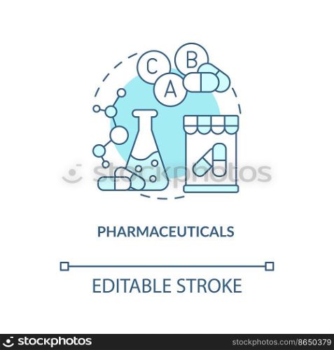 Pharmaceutical industry turquoise concept icon. Manufacturing drugs abstract idea thin line illustration. Isolated outline drawing. Editable stroke. Arial, Myriad Pro-Bold fonts used
. Pharmaceutical industry turquoise concept icon