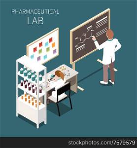 Pharmaceutical lab concept with science and medicine symbols isometric vector illustration
