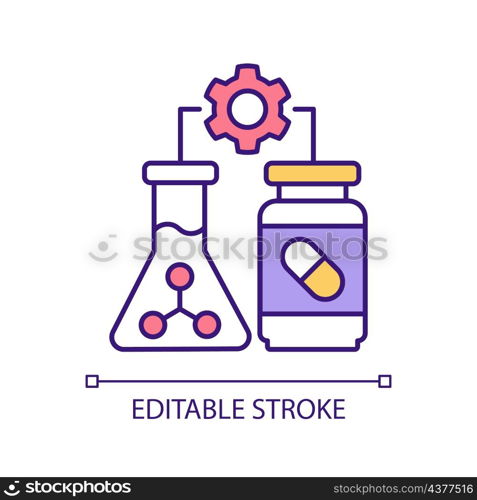 Pharmaceutical manufacturing RGB color icon. Medications development. Advanced science. Drug ingredients. Isolated vector illustration. Simple filled line drawing. Editable stroke. Arial font used. Pharmaceutical manufacturing RGB color icon