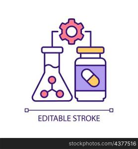 Pharmaceutical manufacturing RGB color icon. Medications development. Advanced science. Drug ingredients. Isolated vector illustration. Simple filled line drawing. Editable stroke. Arial font used. Pharmaceutical manufacturing RGB color icon