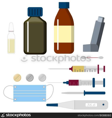 Pharmaceutical medications. Medicine, syringe and thermometer on a white background. Medication, pharmaceutics concept. Flat style vector icon set.
