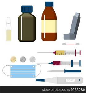 Pharmaceutical medications. Medicine, syringe and thermometer on a white background. Medication, pharmaceutics concept. Flat style vector icon set.