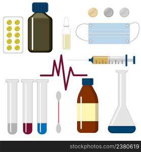 Pharmaceutical medications. Medicine, syringe, cardiogram on a white background. Medication, pharmaceutics concept. Flat style vector icon set.