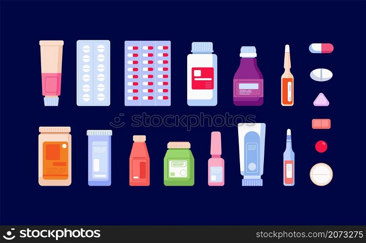 Pharmaceutical medications. Pharmacy bottle, medicinal drug and pills. Cartoon painkiller, drugstore antibiotic injections utter vector icons. Illustration medicine bottle, medical pharmaceutical pill. Pharmaceutical medications. Pharmacy bottle, medicinal drug and pills. Cartoon flat painkiller, drugstore antibiotic injections utter vector icons