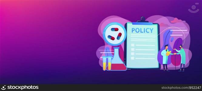Pharmaceutical policy on clipboard and researchers, tiny people. Pharmaceutical policy, pharmaceutical lobby, drugs production control concept. Header or footer banner template with copy space.. Pharmaceutical policy concept banner header.