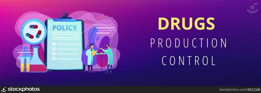 Pharmaceutical policy on clipboard and researchers, tiny people. Pharmaceutical policy, pharmaceutical lobby, drugs production control concept. Header or footer banner template with copy space.. Pharmaceutical policy concept banner header.