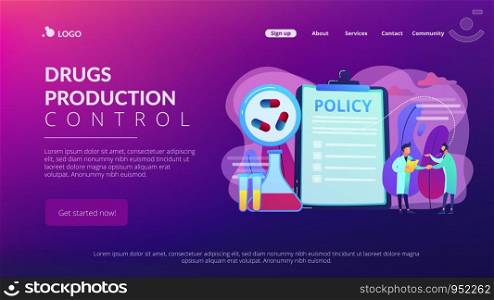 Pharmaceutical policy on clipboard and researchers, tiny people. Pharmaceutical policy, pharmaceutical lobby, drugs production control concept. Website vibrant violet landing web page template.. Pharmaceutical policy concept landing page.