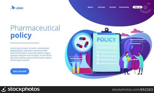 Pharmaceutical policy on clipboard and researchers, tiny people. Pharmaceutical policy, pharmaceutical lobby, drugs production control concept. Website vibrant violet landing web page template.. Pharmaceutical policy concept landing page.
