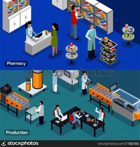 Pharmaceutical production 2 isometric horizontal banners with medical research tests manufacturing and drugstore services isolated vector illustration . Pharmaceutical Production 2 Isometric Banners