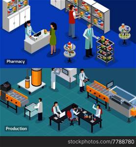 Pharmaceutical production 2 isometric horizontal banners with medical research tests manufacturing and drugstore services isolated vector illustration . Pharmaceutical Production 2 Isometric Banners