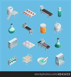 Pharmaceutical Production Icons Set. Isometric icons set of different pharmaceutical production elements from equipments to end-product isolated vector illustrations