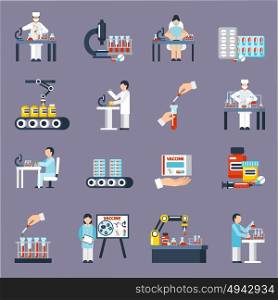 Pharmaceutical Production Icons Set . Pharmaceutical production icons set with research and science symbols flat isolated vector illustration
