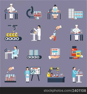Pharmaceutical production icons set with research and science symbols flat isolated vector illustration . Pharmaceutical Production Icons Set