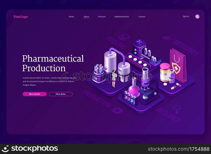 Pharmaceutical production isometric landing page, woman scientist in robe stand in medical laboratory near conveyor belt with huge flasks, drugs, microscope and medicine pills 3d vector web banner. Pharmaceutical production isometric landing page
