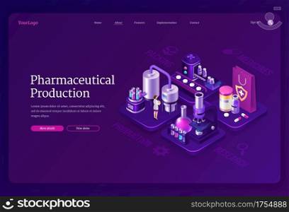 Pharmaceutical production isometric landing page, woman scientist in robe stand in medical laboratory near conveyor belt with huge flasks, drugs, microscope and medicine pills 3d vector web banner. Pharmaceutical production isometric landing page