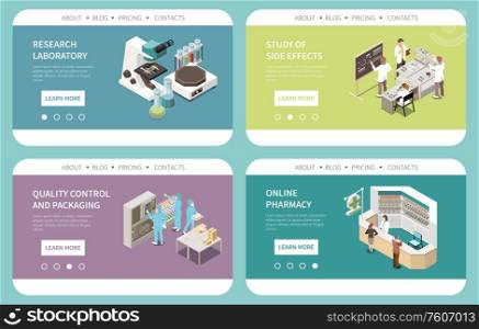 Pharmaceutical production side effects laboratory research quality control online sale 4 isometric cards website design vector illustration