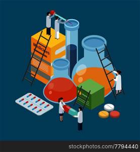 Pharmaceutical production symbolic isometric background poster with lab researches climbing on medicine pills packages retorts vector illustration . Pharmaceutical Production Composition Isometric Background
