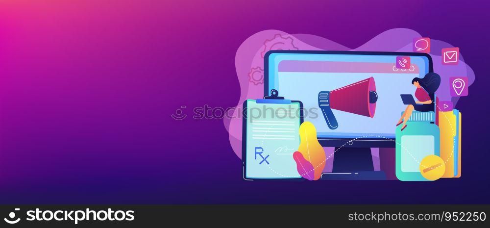 Pharmaceutical representative with laptop sitting on medicine jar. Pharmaceutical marketing, drugs advertising, continuing medical education concept. Header or footer banner template with copy space.. Pharmaceutical marketing concept banner header.