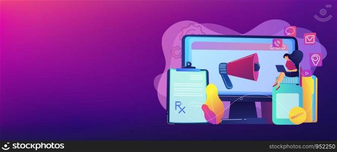 Pharmaceutical representative with laptop sitting on medicine jar. Pharmaceutical marketing, drugs advertising, continuing medical education concept. Header or footer banner template with copy space.. Pharmaceutical marketing concept banner header.