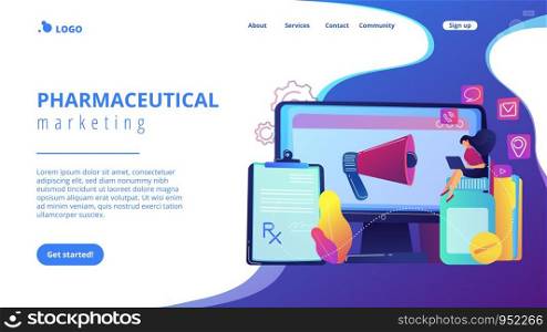 Pharmaceutical representative with laptop sitting on medicine jar. Pharmaceutical marketing, drugs advertising, continuing medical education concept. Website vibrant violet landing web page template.. Pharmaceutical marketing concept landing page.