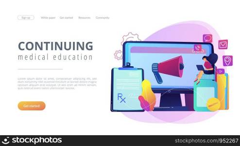 Pharmaceutical representative with laptop sitting on medicine jar. Pharmaceutical marketing, drugs advertising, continuing medical education concept. Website vibrant violet landing web page template.. Pharmaceutical marketing concept landing page.