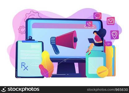 Pharmaceutical representative with laptop sitting on medicine jar. Pharmaceutical marketing, drugs advertising, continuing medical education concept. Bright vibrant violet vector isolated illustration. Pharmaceutical marketing concept vector illustration.