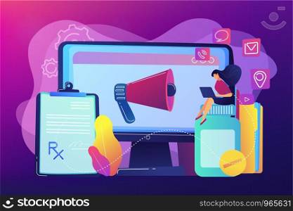 Pharmaceutical representative with laptop sitting on medicine jar. Pharmaceutical marketing, drugs advertising, continuing medical education concept. Bright vibrant violet vector isolated illustration. Pharmaceutical marketing concept vector illustration.