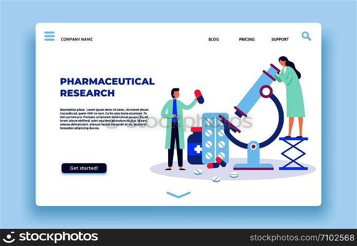 Pharmaceutical research. Scientists lab, pharmaceutics scientist and laboratory researchers landing page. Pills research, doctor pharmaceutic chemical lab studies vector illustration. Pharmaceutical research. Scientists lab, pharmaceutics scientist and laboratory researchers landing page vector illustration