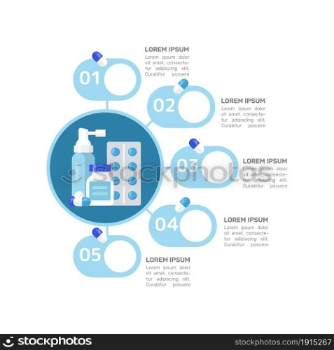 Pharmaceutical support blue infographic chart design template. Abstract vector infochart with blank copy spaces. Instructional graphics with 5 step sequence. Visual data presentation. Pharmaceutical support blue infographic chart design template