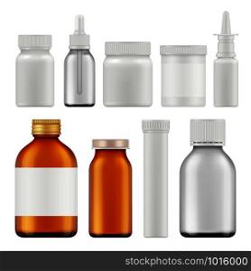 Pharmaceutical white bottles. Blank medicament supplement box or packages realistic white empty vector containers. Container realistic, package plastic bottle illustration. Pharmaceutical white bottles. Blank medicament supplement box or packages realistic white empty vector containers