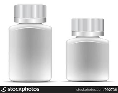 Pharmaceutical wide square drug bottle for pills, capsules. White container mock up. 3d vector illustration.. Pharmaceutical wide square drug bottle for pill